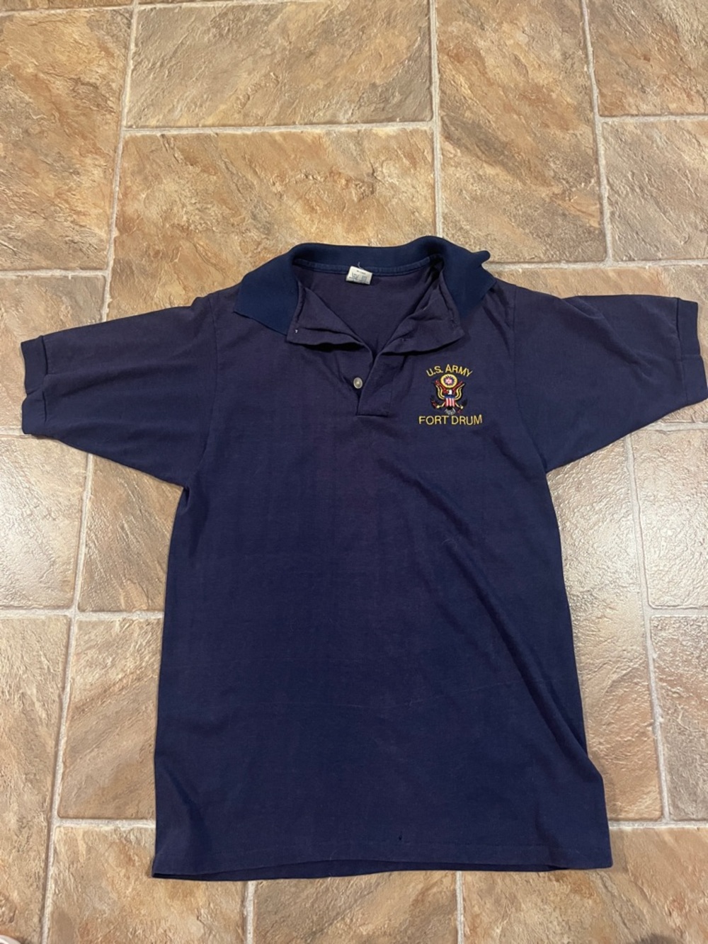 Vtg U.S. Army Fort Drum Navy Polo Shirt. Made in USA. Single Stitch.